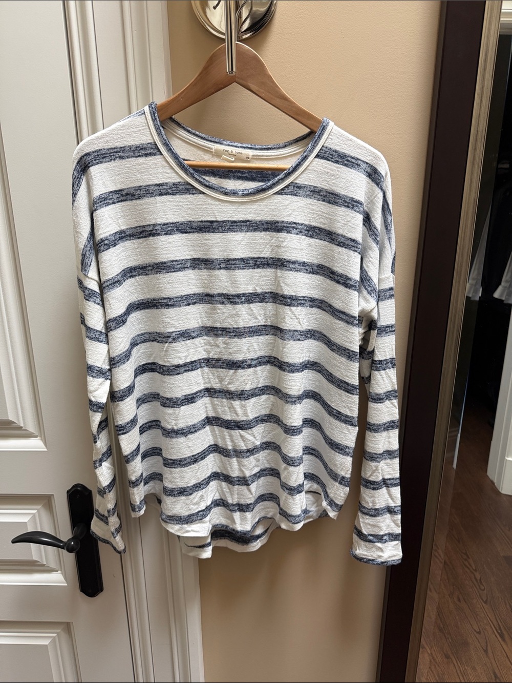 rag & bone White and Navy Striped Long-Sleeve Crewneck Top
